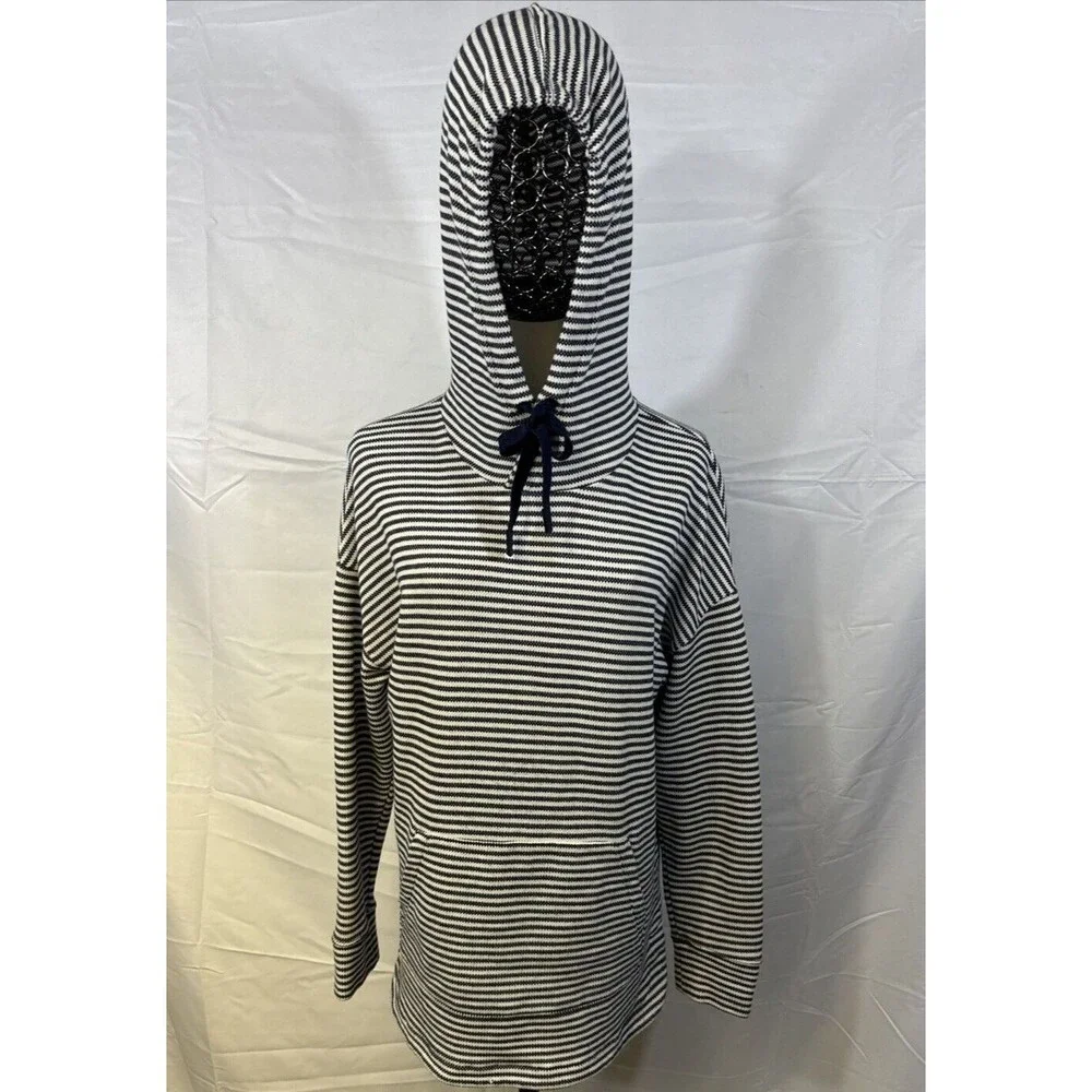 Women’s Striped Knit Hoodie Sweaters Size M Pullover Long Sleeve Casual Tie Neck